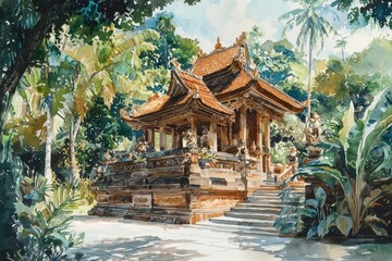 Fototapeta premium A painting of a temple with a lot of greenery and a lot of steps