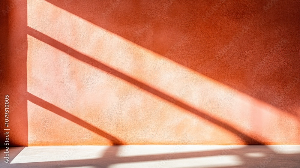 Poster Sunlight streams through a window, creating captivating patterns of shadows against a textured orange wall in a bright, uncluttered space
