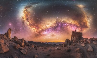 A vibrant and colorful sky filled with stars and swirling nebulas above a rocky, desolate landscape