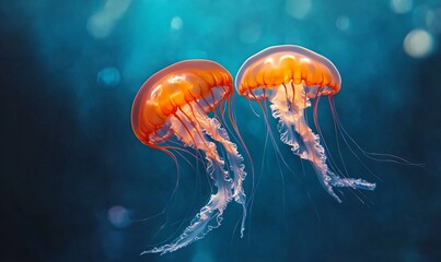 Fototapeta premium Close-up of two orange jellyfish swimming in blue water
