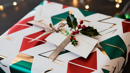 Fototapeta premium A wrapped Christmas gift with a white tag, gold ribbon, and holly sprig.