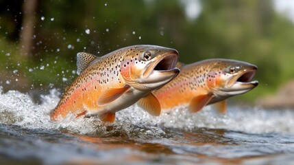 Two trout are seen jumping out of the clear water in a lush, wooded environment under bright daylight. The fish display vivid colors and dynamic movement, creating an exciting natural moment