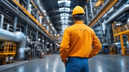 The construction worker stands with hands on hips, observing the expansive industrial facility filled with machinery and equipment, emphasizing safety and productivity