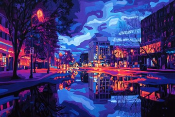 Obraz premium Dreamlike, neon cityscape at night with bold, glowing streetlights, reflective puddles, and surreal shapes in the sky