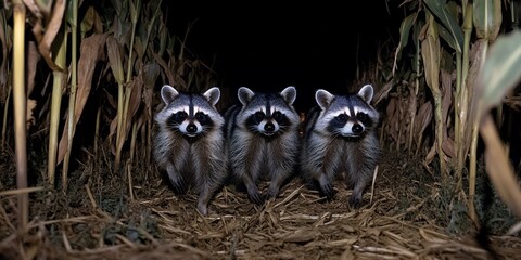 Fototapeta premium Three Raccoons Foraging in a Cornfield at Night, Illuminated by Faint Light, Illustrating the Wildlife's Playful Behavior in Rural Areas