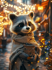 Whimsical raccoon character holding a coffee mug in a cozy, festive street adorned with fairy lights, perfect for wall art, posters, holiday decorations, and winter-themed designs.
