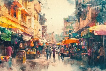 Fototapeta premium A painting of a busy market street with people walking and shopping