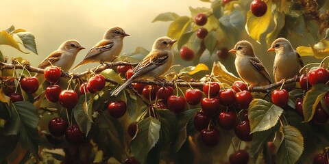 Five Small Birds Perched on a Cherry Tree Branch Adorned With Ripe Red Cherries During a Warm Sunny Afternoon in a Peaceful Garden Setting