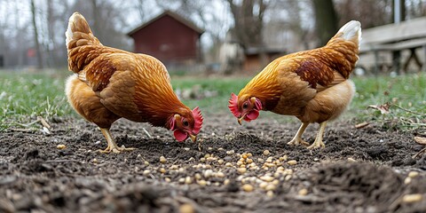 Two Brown Hens Foraging in a Garden Under Cloudy Skies Near a Rustic Barn in Early Spring