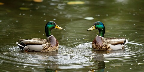 Obraz premium Two Male Mallard Ducks Swimming Gracefully in a Serene Pond Surrounded by Lush Greenery on a Sunny Day