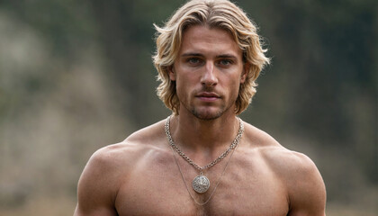 A man with long, blond hair and a muscular build looks intensely at the camera while wearing a silver necklace