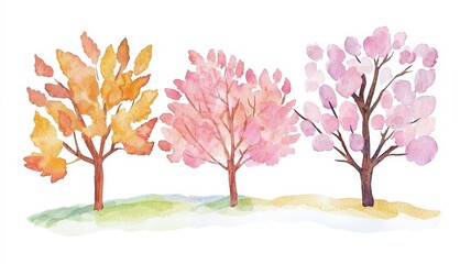 Fototapeta premium A vibrant watercolor illustration of three trees in autumn shades, showcasing orange, pink, and light pink foliage against a soft, grassy background.