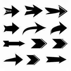 Set of Directional Arrows black white silhouette, contrast image isolated on white background