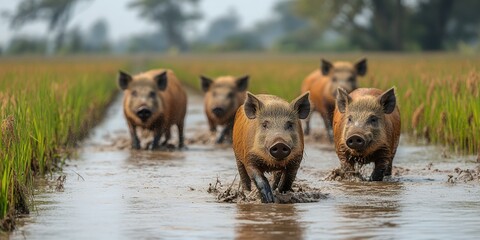 Fototapeta premium A Group of Five Pigs Wading Through Muddy Rice Fields Under a Cloudy Sky During the Afternoon in a Rural Area, Showcasing Their Natural Behavior