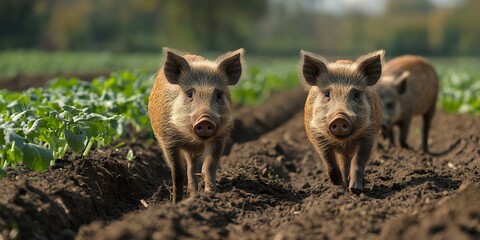 Fototapeta premium Two Pigs Exploring a Farm Field During the Early Morning, Surrounded by Rows of Green Crops and Rich Brown Soil