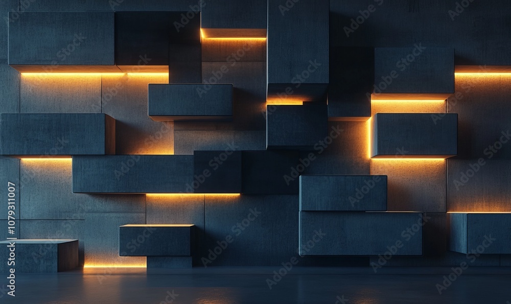 Poster abstract geometric architectural wall with protruding cubic shapes illuminated by warm lighting, cre