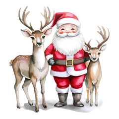 Watercolor painting of Santa Claus, with reindeer and doe, isolated on white background. Christmas spirit illustration. Winter illustration, perfect for xmas greeting cards and seasonal illustrations.