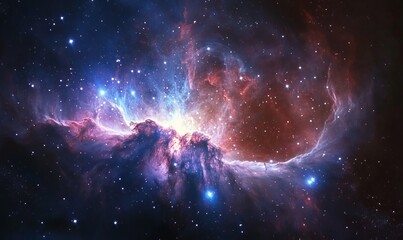 Abstract swirling nebula with stars, glowing with blue, pink, and purple tones against a dark background