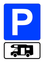 Illustration eines blauen Parkplatzschildes mit dem Symbol "Wohnmobil"	