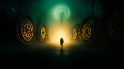 Man Walking Amid Giant Clock Gears and Timepieces in a Dimly Lit, Misty Scene with Golden and Blue Light