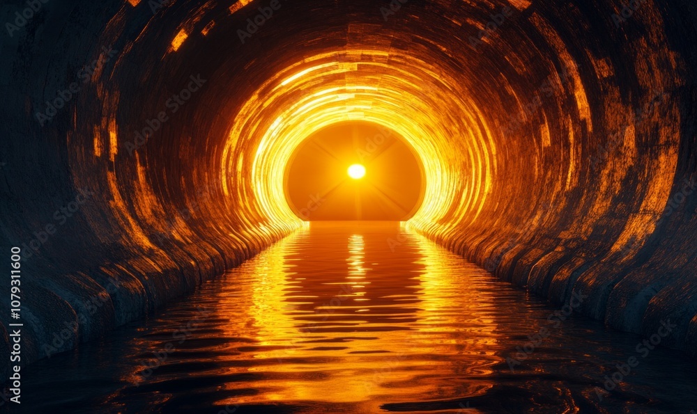 Poster a symmetrical and illuminated tunnel with a warm orange glow, featuring a reflective water pathway l