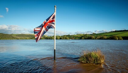Fototapeta premium Union Jack (UK) flag coming up through flood water
