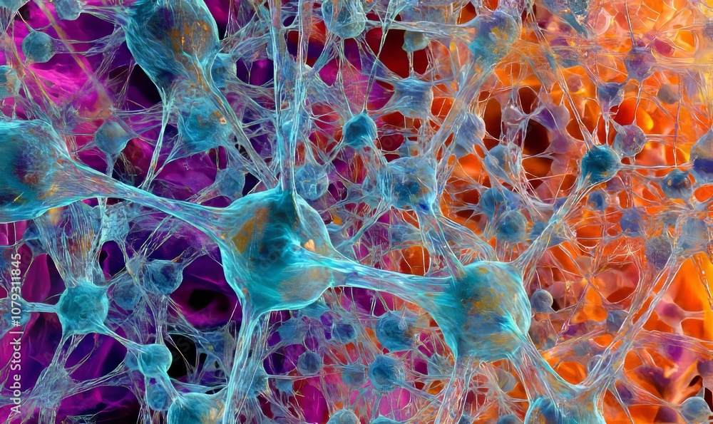 Poster create an image of a microscopic view of a network of healthy human cells