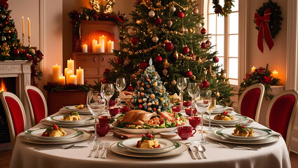 Fototapeta premium A beautifully decorated Christmas dining table with a roasted turkey, surrounded by festive decorations, candles, and a large Christmas tree.