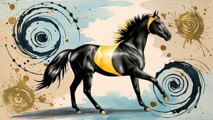 A colorful artwork depicting a horse adorned with a cheerful yellow bandana, highlighting its beauty and spirit.