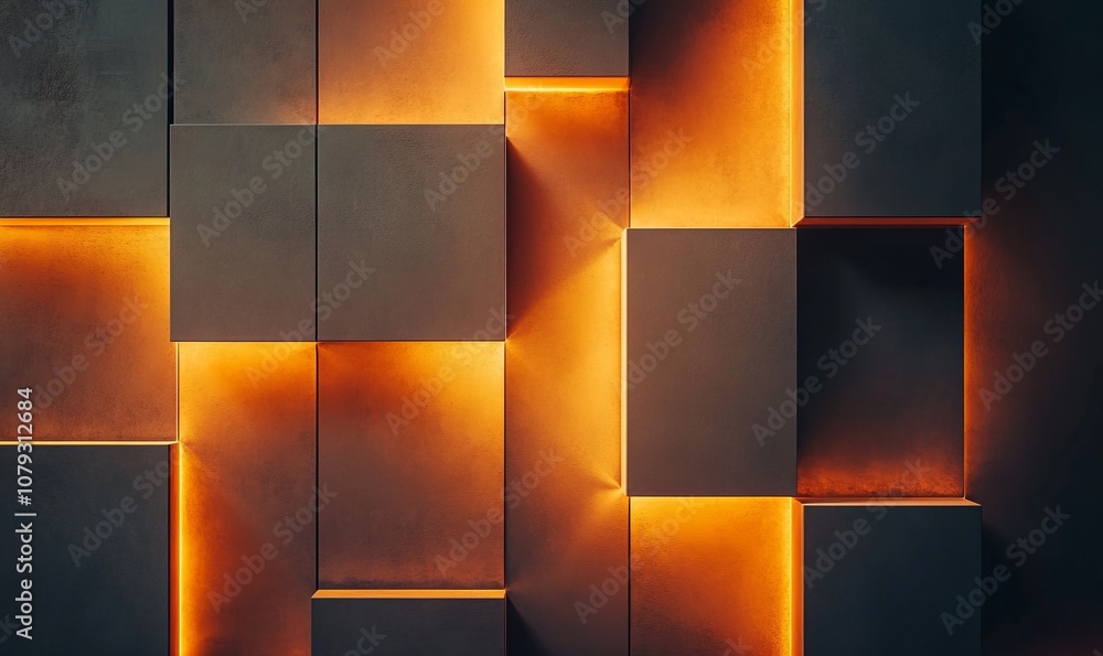 Poster abstract geometric architectural wall with protruding cubic shapes illuminated by warm lighting, cre
