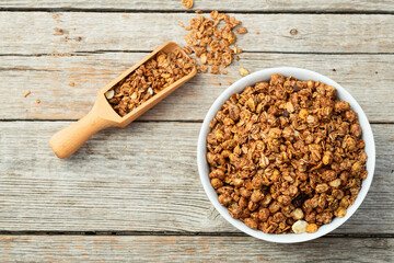 Homemade grain granola . Healthy energy eating . Top view