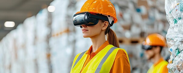 A worker in a safety helmet and goggles uses virtual reality technology in a warehouse filled with recyclable materials.