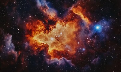 Fototapeta premium A vibrant nebula in space with clouds of red and blue gas and numerous stars scattered throughout the cosmic scene