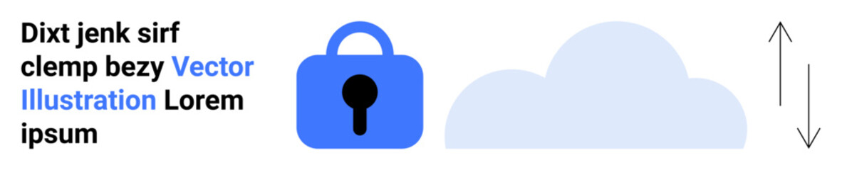 Blue lock icon, cloud graphic, and up down arrows representing data security and storage. Ideal for cybersecurity, data protection, cloud services, information technology, online privacy, secure