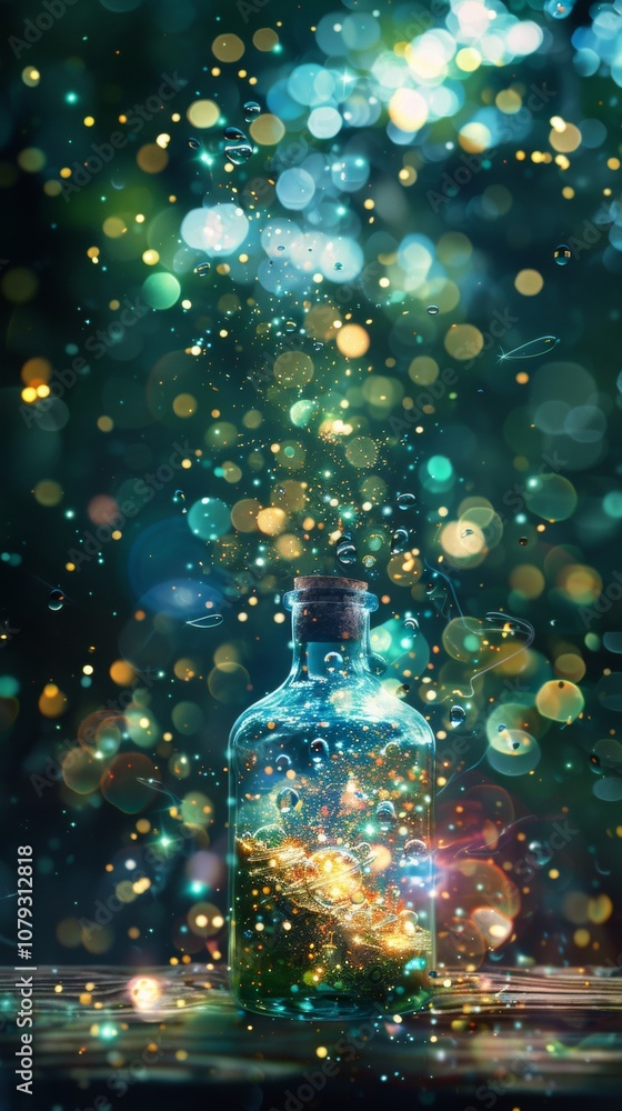 Poster A shimmering glass bottle surrounded by an ethereal display of colorful bokeh lights, creating a magical atmosphere that captures the essence of enchantment