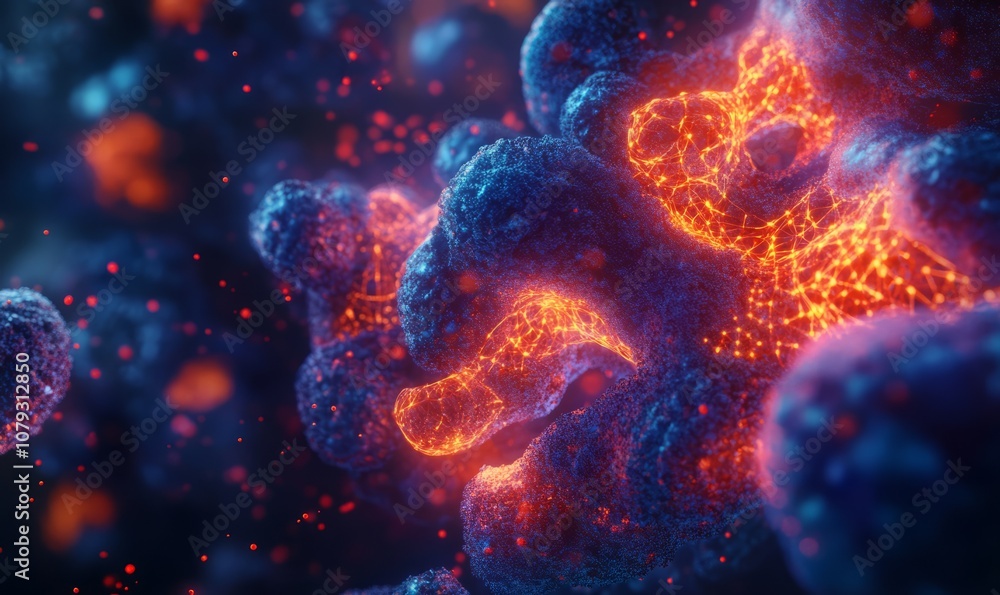 Poster abstract microscopic view of red and blue glowing cells, showcasing cellular structure and intricate