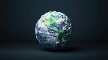 Fototapeta premium A stylized globe represents Earth, showcasing vibrant landmasses and climates against a dark background, symbolizing global awareness and environmental concerns.