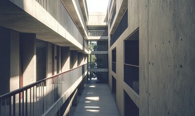 Brutalist student housing with blocky, repetitive units, exposed concrete surfaces, and narrow, shadow-filled corridors