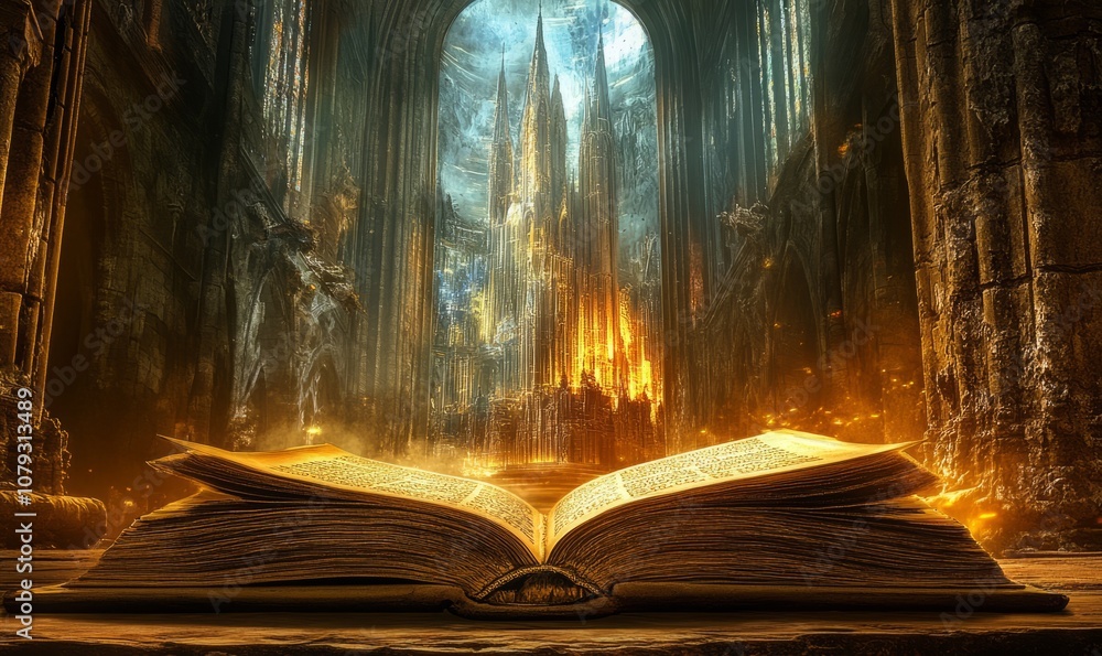 Poster an open ancient book sits on a table inside a cathedral with a view of a futuristic city