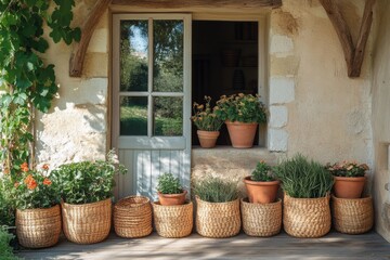 provencal decor, sunlight bathes a charming french country house porch adorned with rustic wicker baskets and terracotta pots, exuding timeless elegance