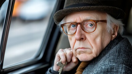 Serious Senior Man in Hat Holding Car Keys While Thoughtfully Gazing from Drivers Seat.