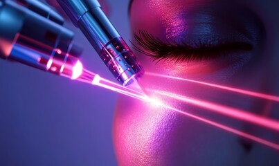 Close-up of skin undergoing a cosmetic laser treatment with two laser devices emitting beams to smooth and rejuvenate wrinkles on the skin surface