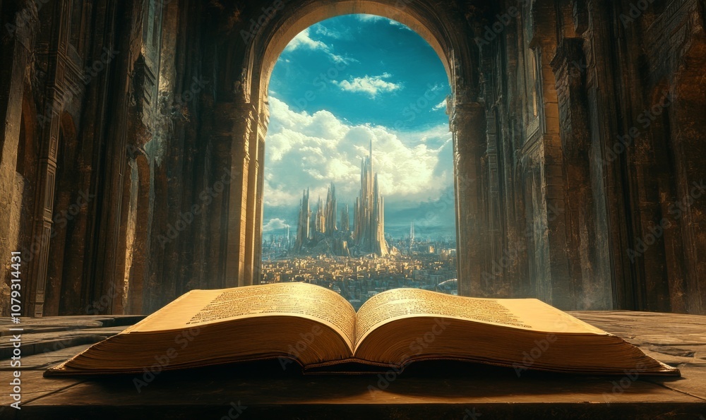 Poster an open ancient book sits on a table inside a cathedral with a view of a futuristic city