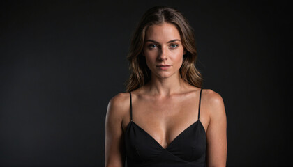 A woman with long brown hair and a black tank top looks directly at the camera