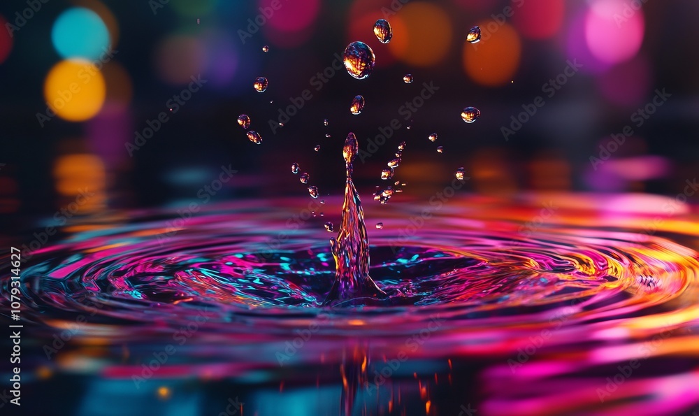 Aufkleber brightly colored droplets falling into a pool of water, creating a mesmerizing pattern with neon-lik