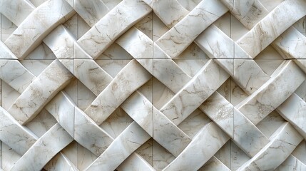 Woven white marble tiles, intricate braided pattern, high-resolution detail, elegant and sophisticated design, neutral tones, unique textured wall, luxurious marble decor

