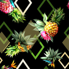 Vintage seamless background pattern. Tropical fruit, pineapple, leaves with geometrical objects behind on black. Abstract, hand drawn, vector - stock.