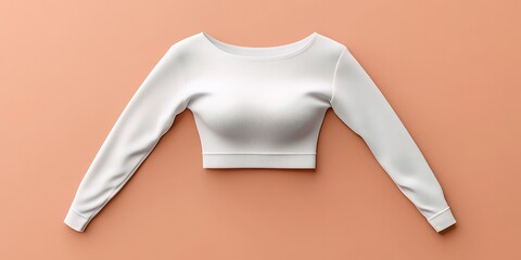 A Stylish White Cropped Long-Sleeve Top Displayed on a Soft Peach Backdrop, Perfectly Highlighting Its Modern Design and Fabric Texture, Ideal for Casual Wear on a Sunny Day