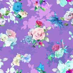 Seamless floral background pattern. Abstract flowers, roses, peony, branches with leaves on violet. Pattern for textile, fabric and other prints purpose. Hand drawn artwork, vector wallpaper.