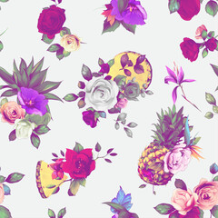 Stylized seamless floral background pattern. Abstract flowers, pineapple, roses, peony, branches with leaves on light. Pattern for textile, fabric and other prints purpose. Artwork, vector.